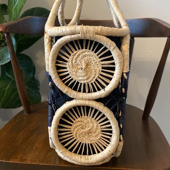 Tommy Bahama Women's Black Tan Medallion Straw Ring Handle Basket Tote Bag - Picture 2 of 11